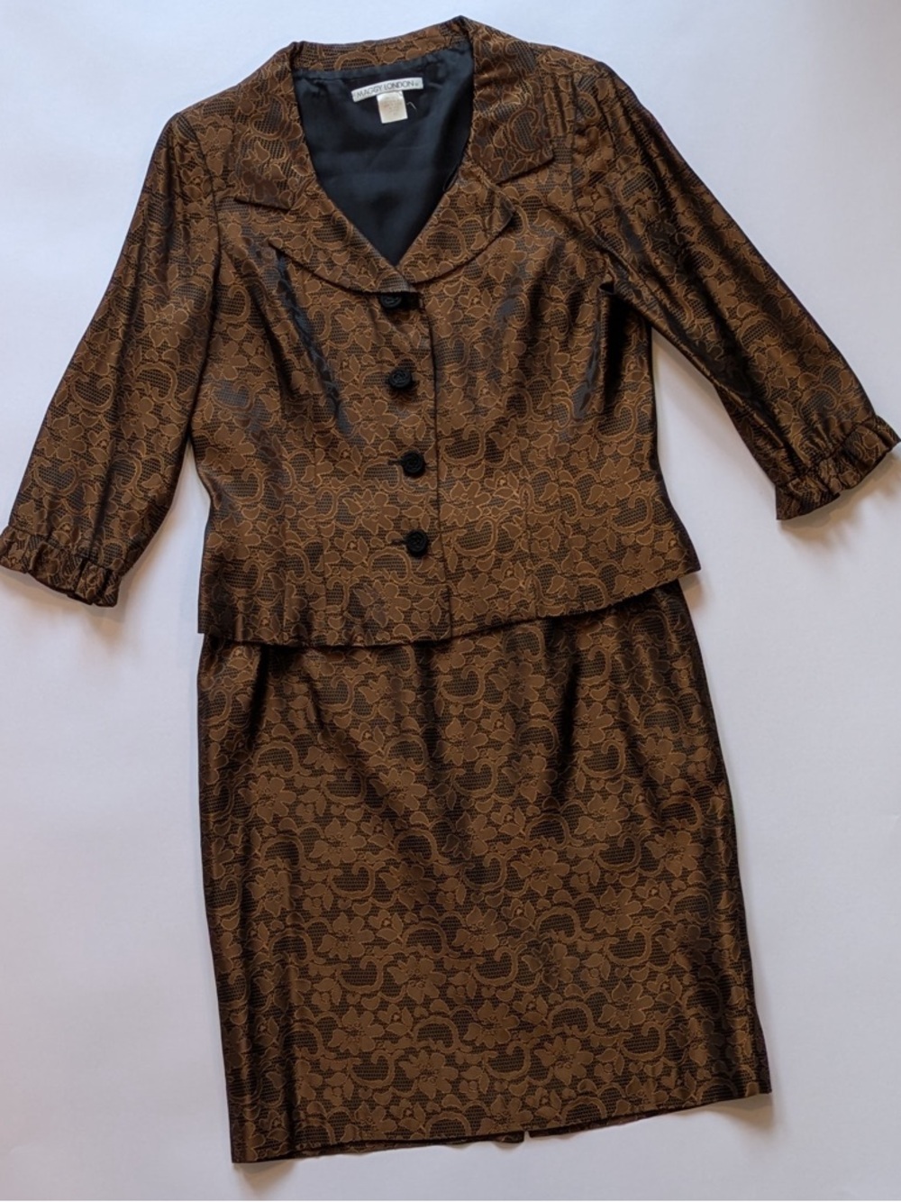 Maggy London Brown Black Lace Jacquard Skirt Suit Set Size 12